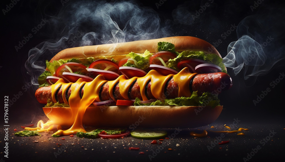 Super delicious hot dog with mustard and vegetables on dark background. Generative AI