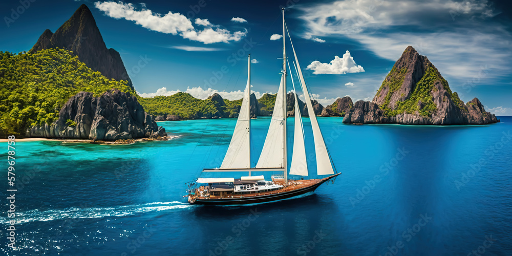 Sailing Yacht in paradise turquoise waters. Tropical sea landscape with boat. Generative AI