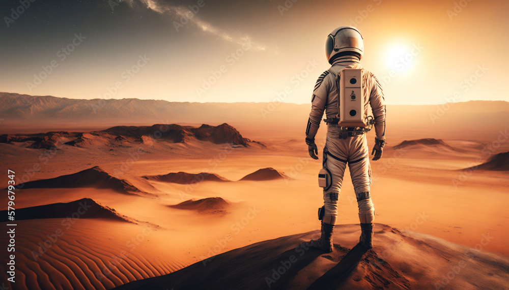 Astronaut standing on a soil of alien rocky planet. Generative AI.