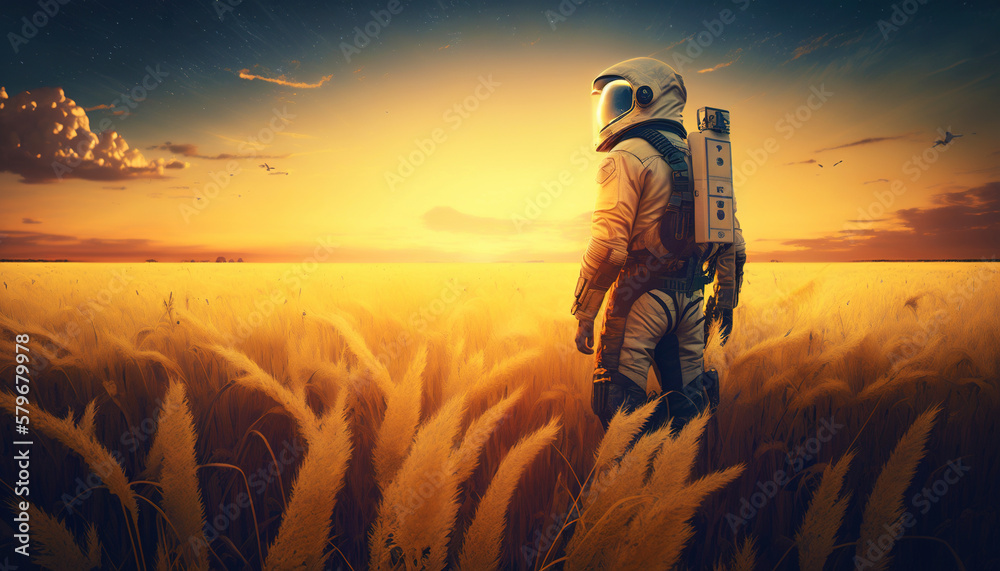 Astronaut standing in the field on a golden sunset. Generative AI.