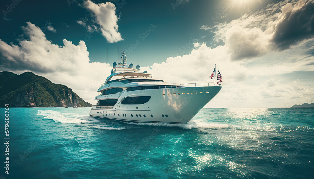 Low angle view on luxury yacht from the paradise turquoise ocean water surface. Sunny day in tropic 