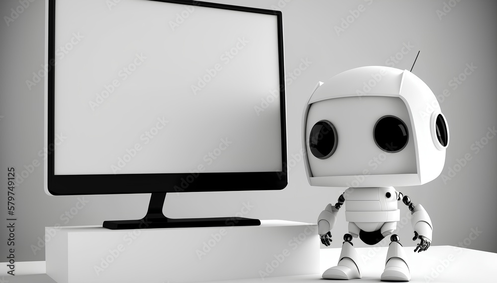 A white AI robot assistant mascot standing next to blank computer screen. Computer mockup with blank