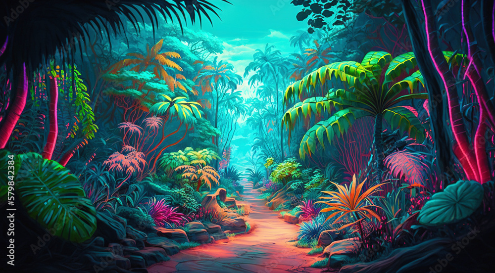 Tropical jungle in vibrant gradient neon colors. Synthwave rain forest. Generative AI