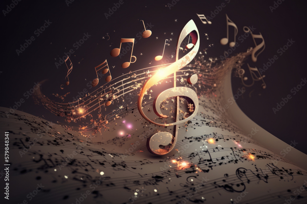 Colorful music notes background with sheet music, disc and treble clef. Illustration AI Generative