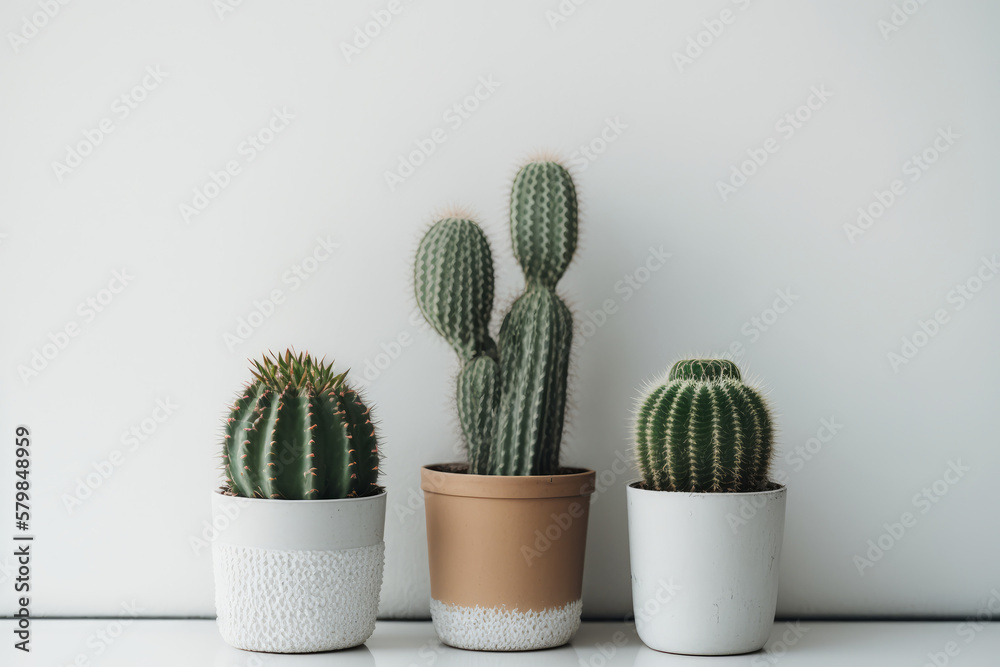 A real green cactus in a white pot. Illustration AI Generative