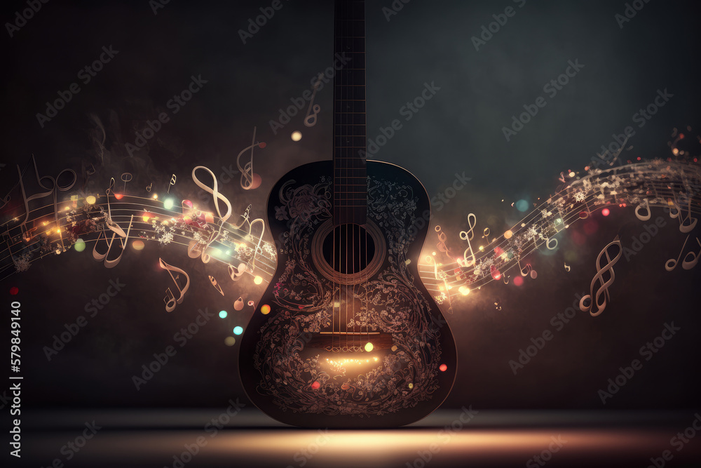 Festive background with guitar and musical notes. Illustration AI Generative