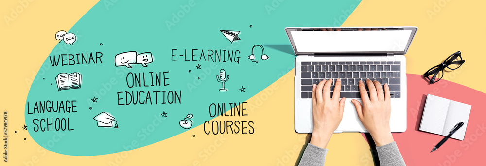 Online education theme with person using a laptop computer