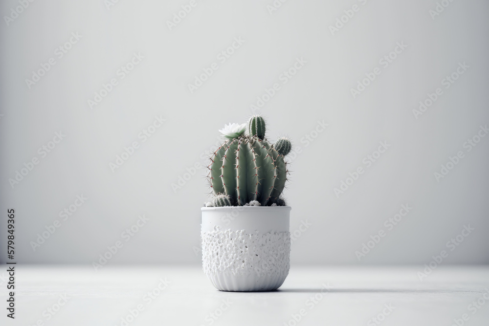 A real green cactus in a white pot. Illustration AI Generative