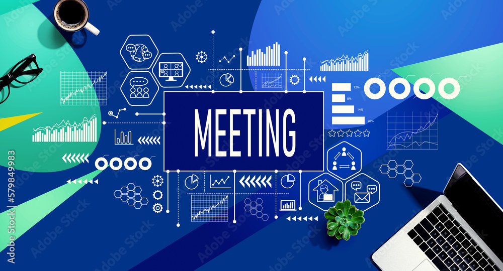 Meeting theme with a laptop computer on a blue and green pattern background