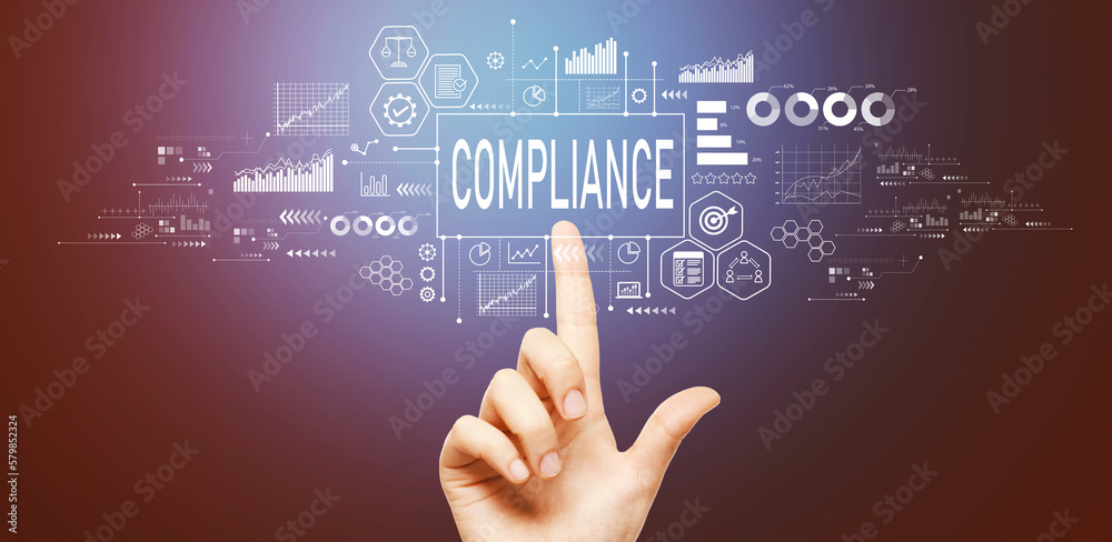 Compliance theme with hand pressing a button on a technology screen