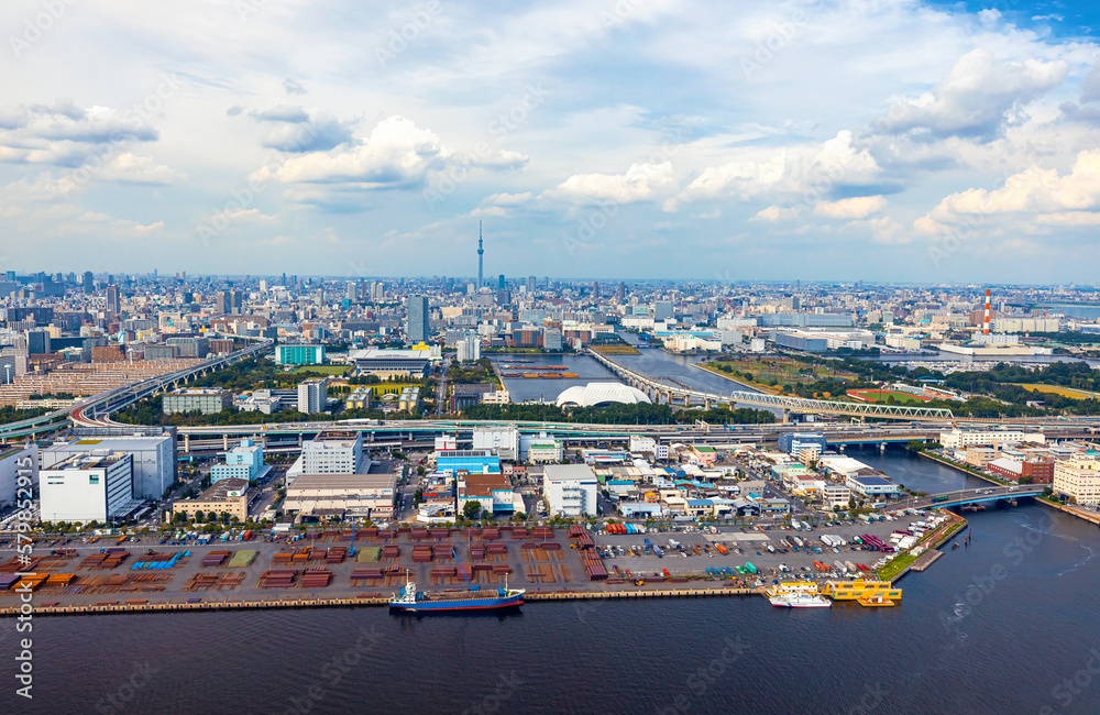 Aerial view of Odaiba Harbor shipping freight docks in Minato City, Tokyo, Japan