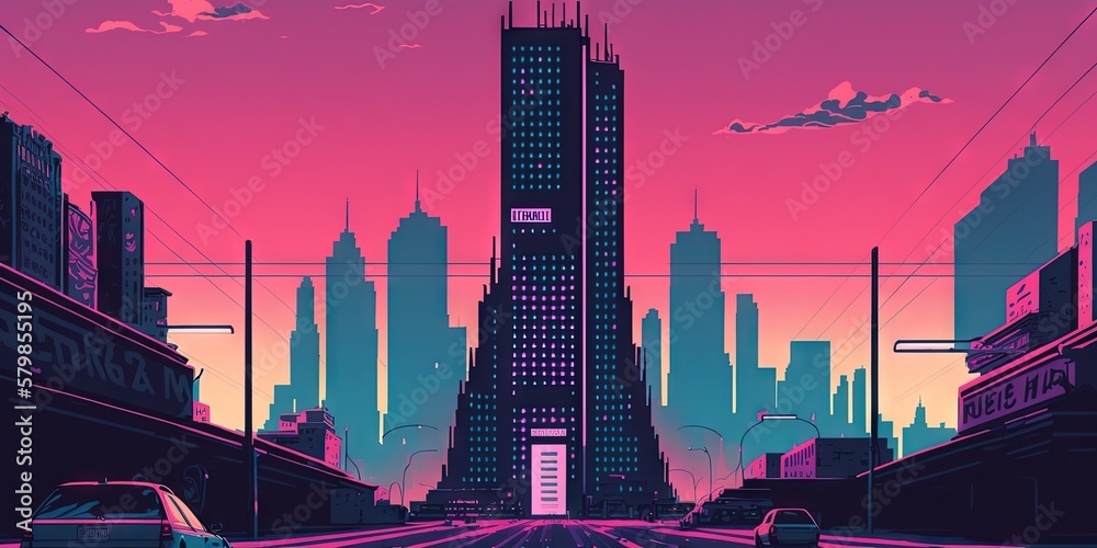 Panoramic cityscape in cyberpunk futuristic style. Towering skyscrapers in neon retrowave colors. Ge