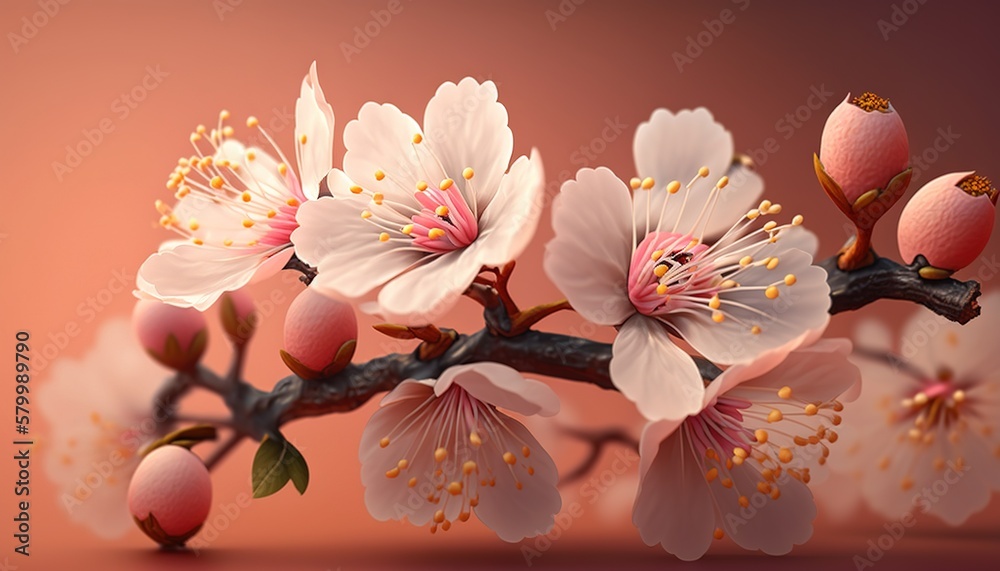 Close up of sakura flowers branch on a sunny day. Cherry blossom flowers. Generative AI