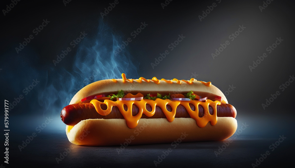 Super delicious hot dog with mustard and vegetables on dark background. Generative AI