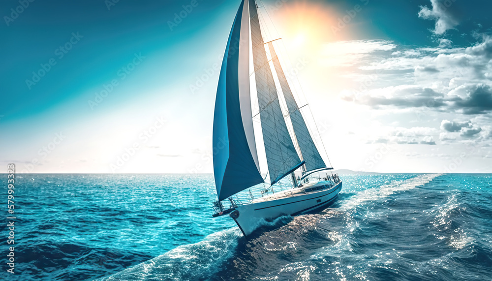 Sailing Yacht in paradise turquoise waters. Tropical sea landscape with boat. Generative AI