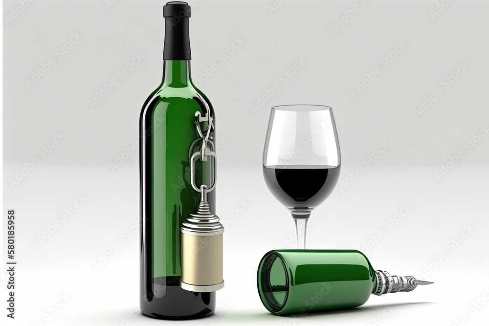 High quality wine in a bottle and a corkscrew on a white background. Generative AI