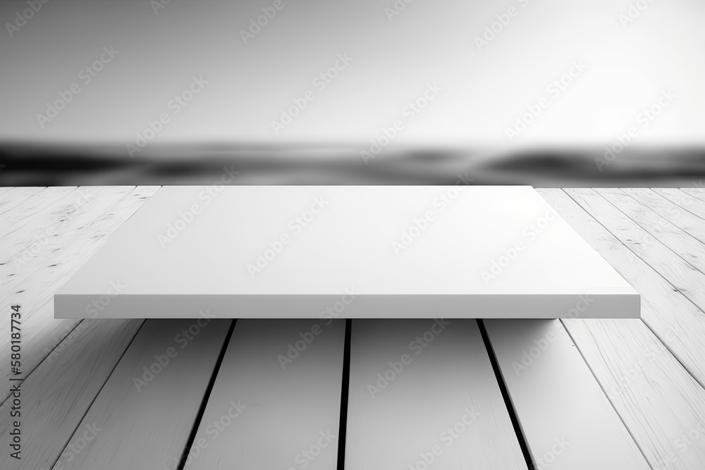 Empty white wooden table in perspective, isolated on a hazy background; perfect for use as a mock up