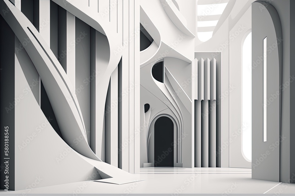 Future is highlighted in an abstract white interior. Illustration of a backdrop in architecture. Gen