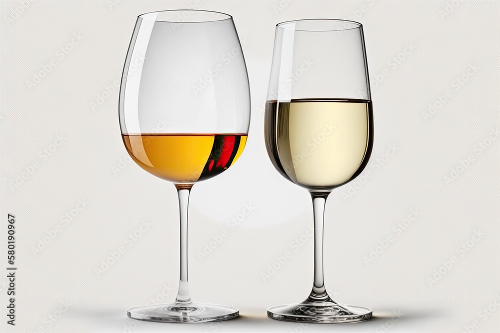 Image of a red wine glass and a white wine glass against a white background. Generative AI