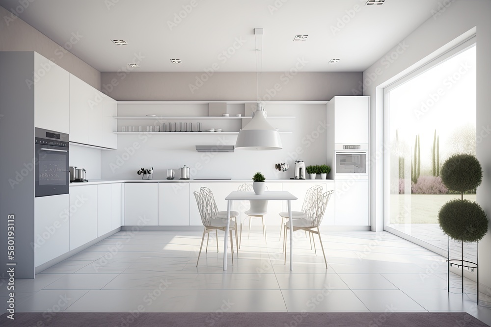 hazy perspective of contemporary kitchen with white furnishings. Generative AI