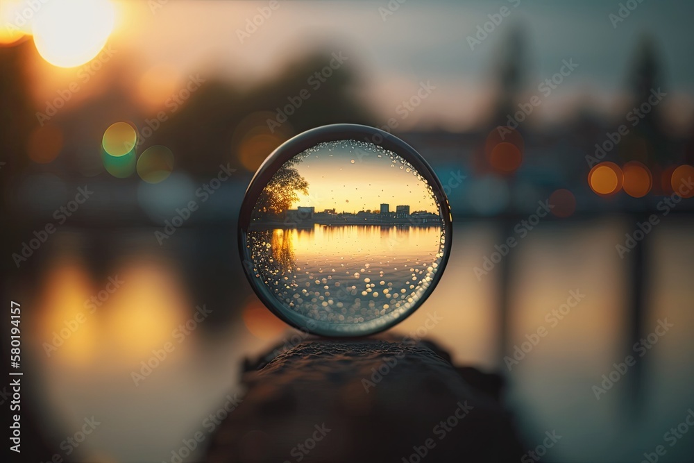 Round water glare with a blurred backdrop, a river in the distance, and bokeh water glare. Generativ