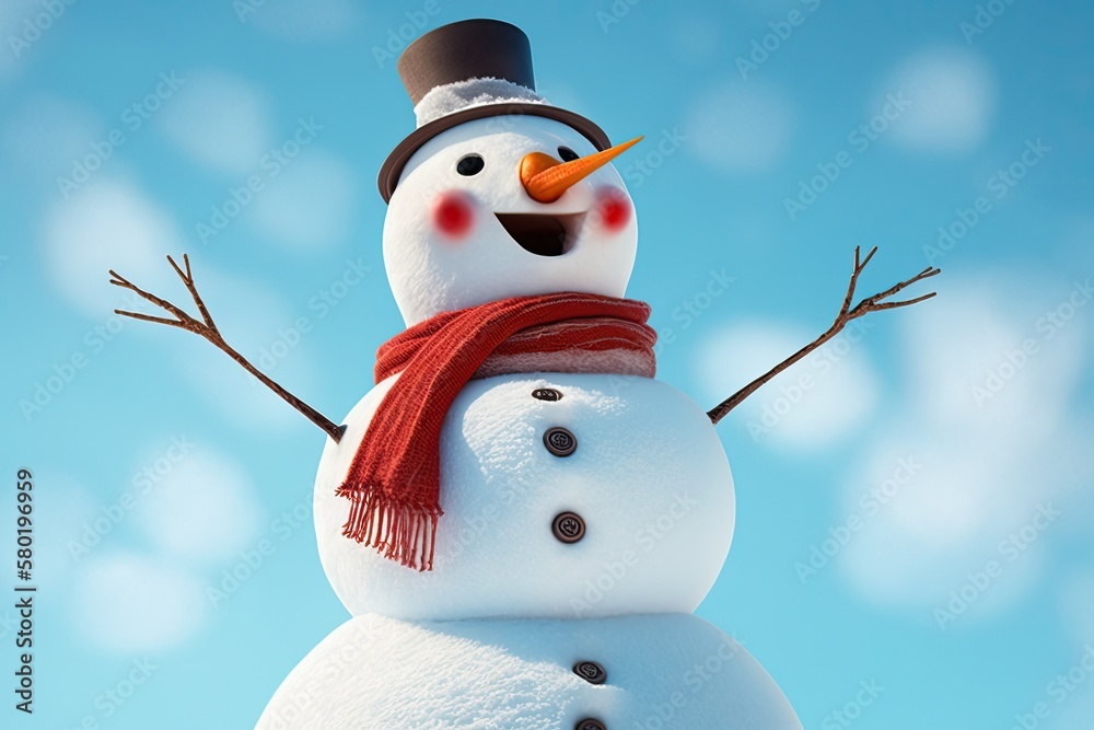 Copy this for a Christmas card. A cheerful snowman standing in a winter holiday scene. Against a sky