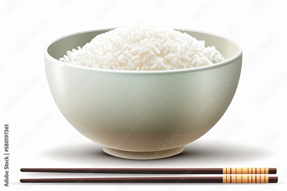 image of a rice bowl and chopsticks isolated on a white background. Generative AI