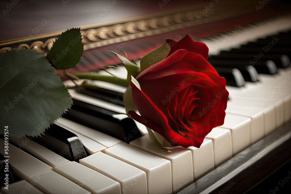 A single red rose rests above the white keys of a grand piano. Retro perspective. Generative AI