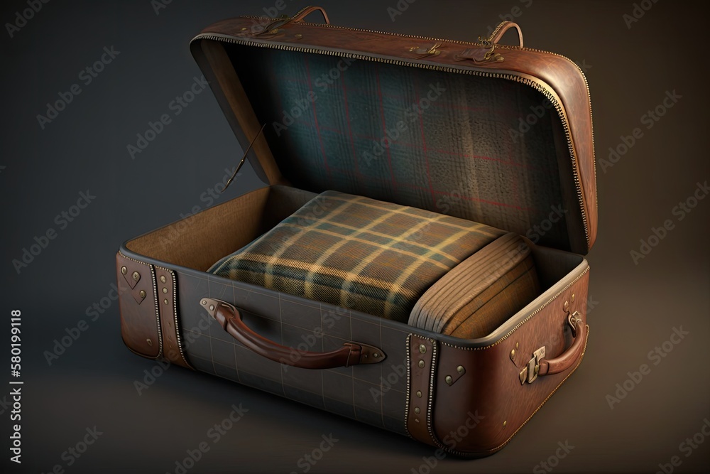 Old brown leather suitcase with plaid upholstery, opened and isolated. Planar style. Generative AI