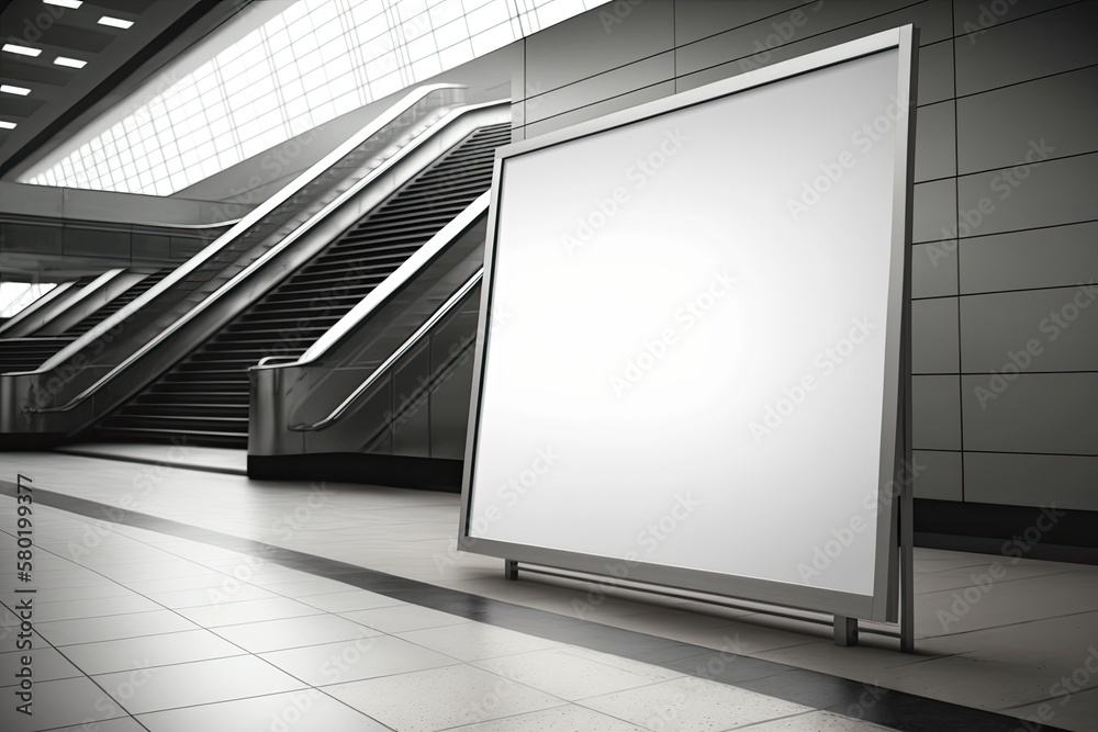 Horizontal large blank poster in a public area. Ad mockup near an escalator in a public building, su