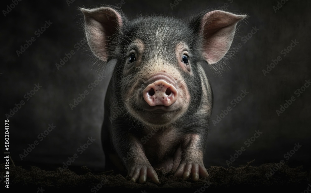 A small pig is looking straight at the camera in this portrait. Generative AI