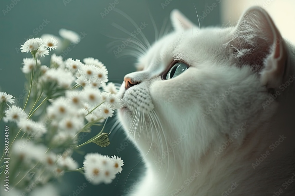 Close up of a beautiful white British cat smelling white gypsophila flowers. Generative AI