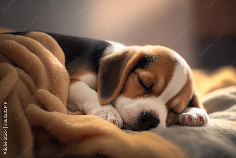 A cute Beagle puppy is sleeping on a bed. Adorable pet. Generative AI