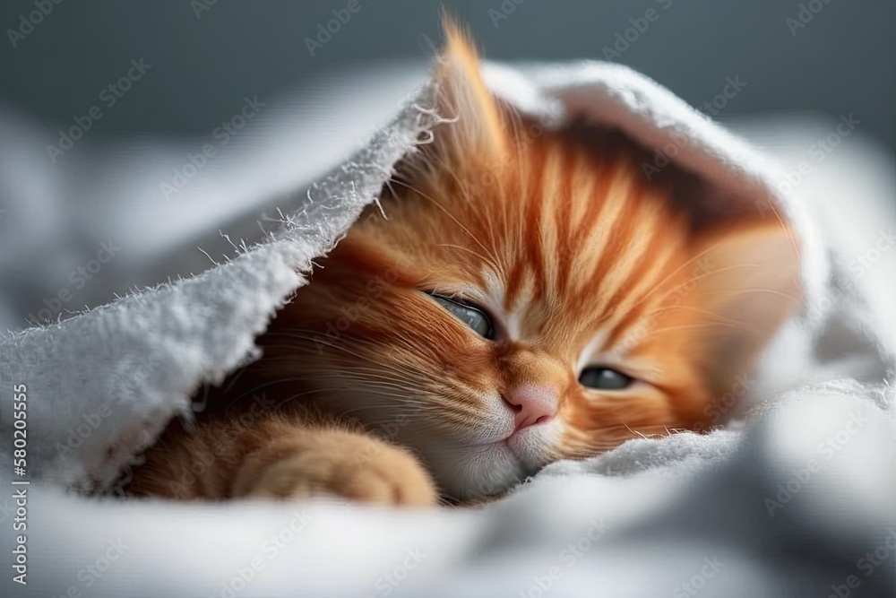 Cute little red kitten sleeps on fur white blanket. Generative AI