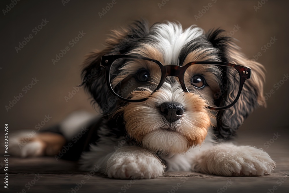 A close up picture of a cute young dog with glasses. Doing nothing. Pets indoors. Generative AI