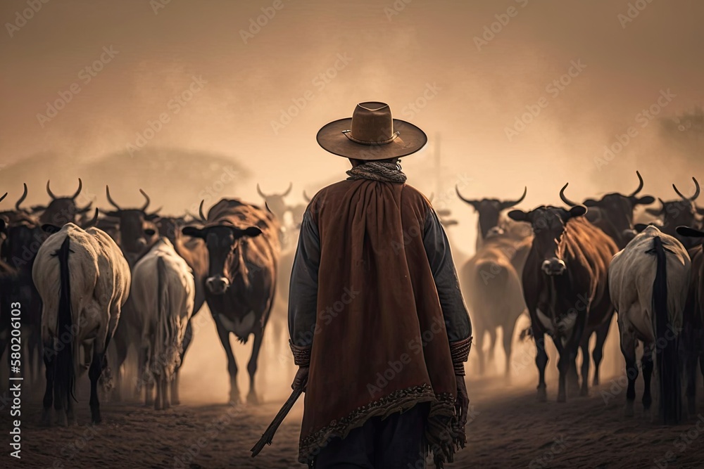 A herder in front of cattle on a farm. Generative AI