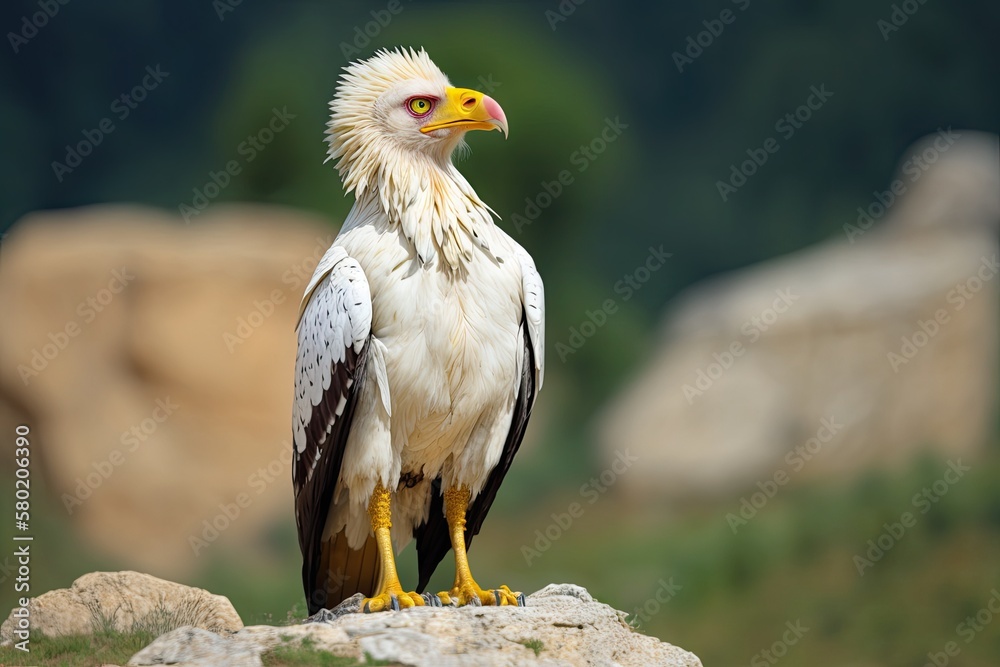 Egyptian vulture, Neophron percnopterus, big bird of prey sitting on the stone in natural habitat, M