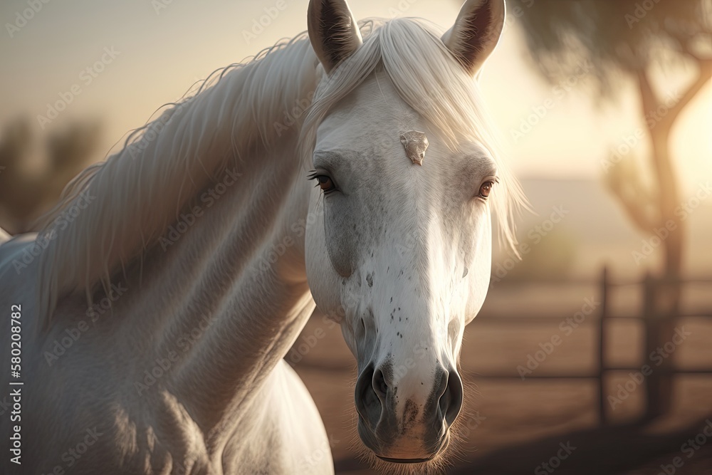 A picture of a horse in the sun. Farm animals. Close up picture of a white horse with a white mane. 