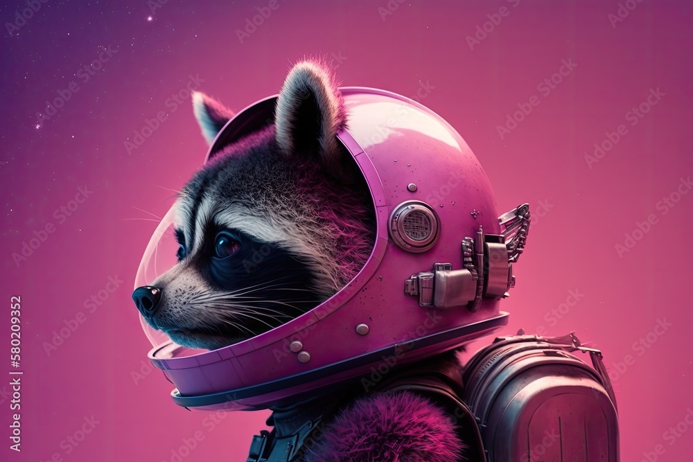 On a pink background is a funny picture of a raccoon in a space suit and a helmet. Thought out plan.