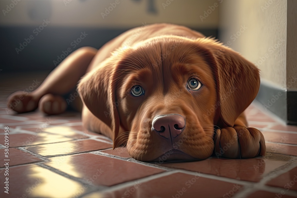 Closeup of an isolated fox red Labrador retriever puppy lying on a shiny brown tile floor in the sun