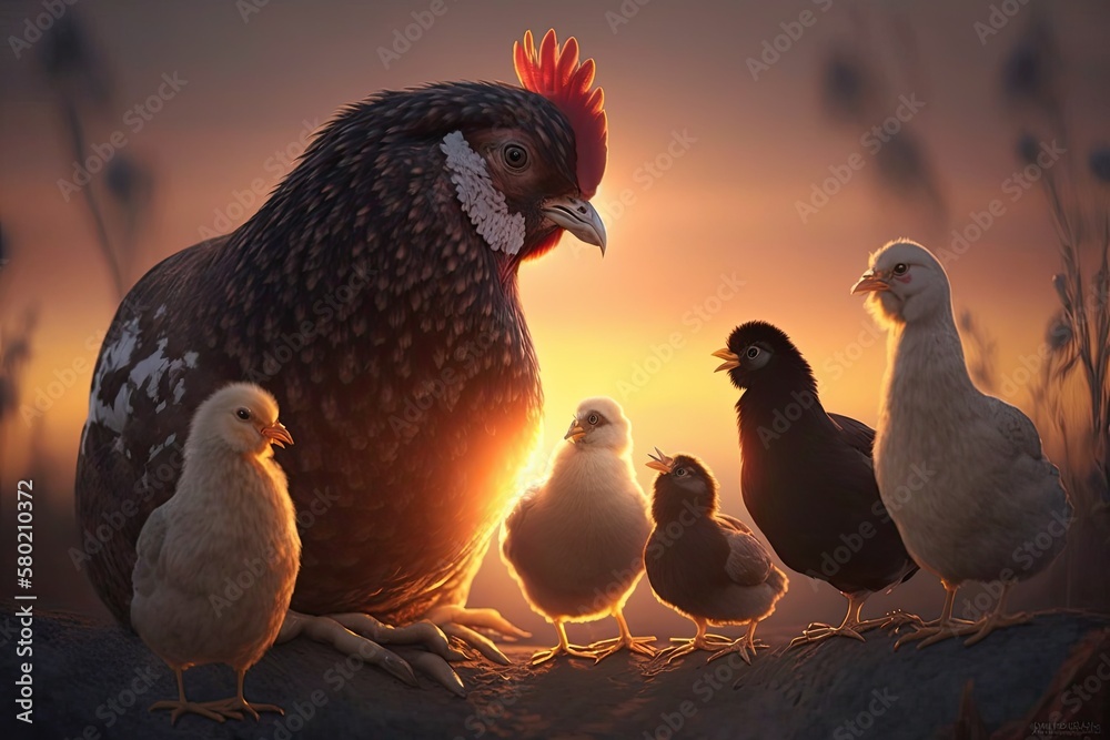 At sunset, a picture of a chicken with other chickens. Generative AI