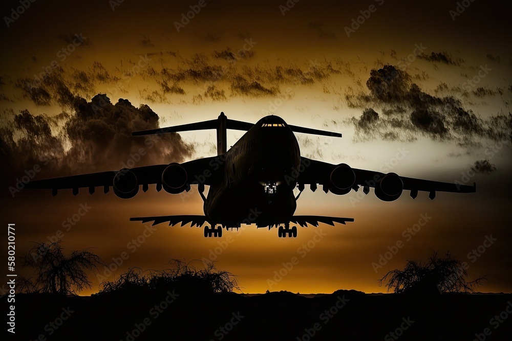 Silhouette of a landing aircraft against a dusky sky. Generative AI