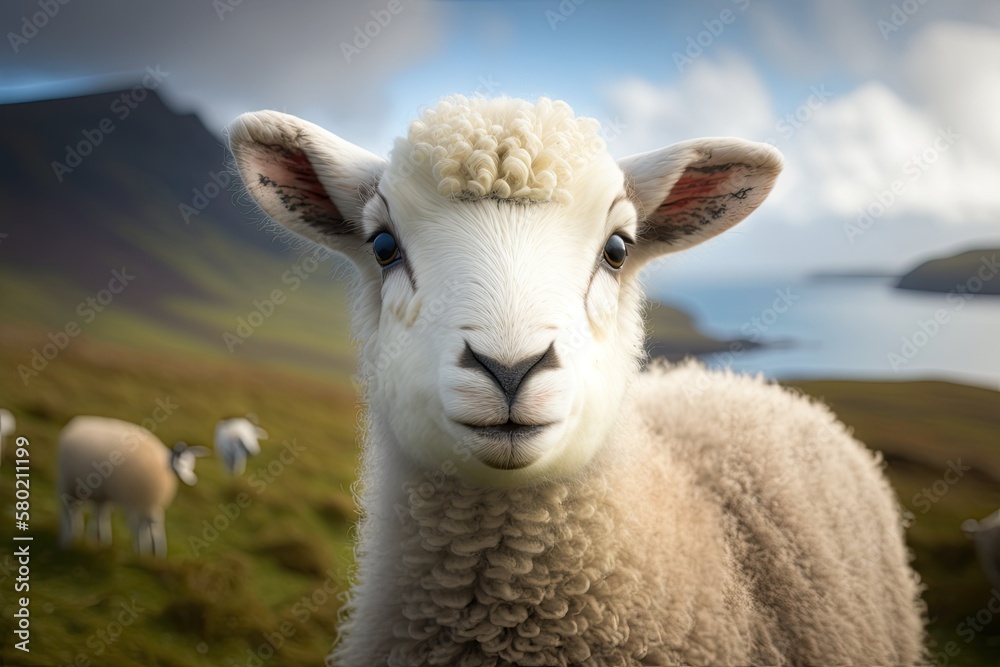 Portrait of a cute baby sheep on the Scottish islands of Skye and the Hebrides. Faces that are tame 