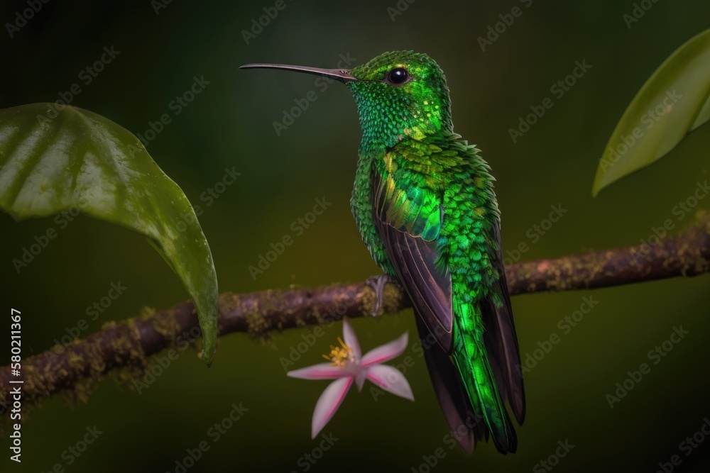 The Green crowned Brilliant, Heliodoxa jacula, is shown against a green background in a very detaile