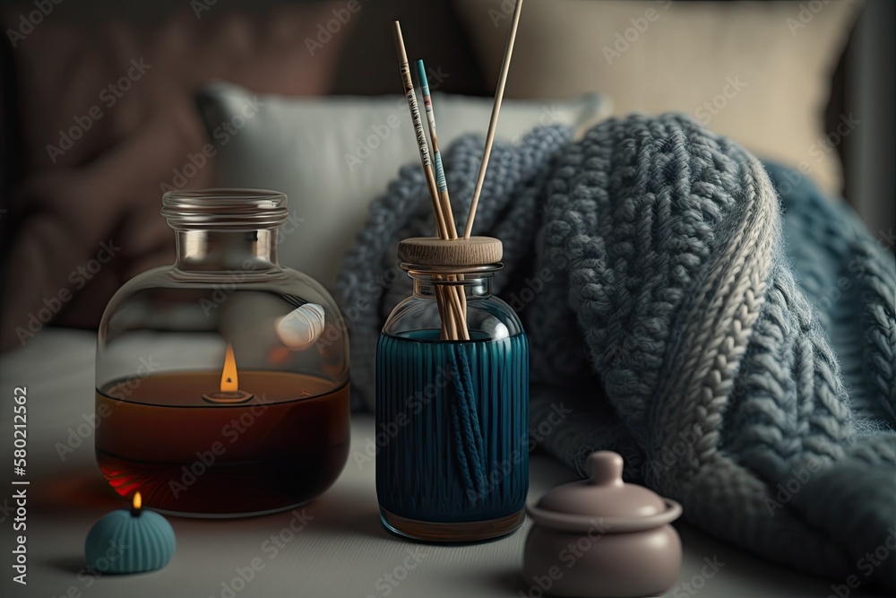 An up close look at a liquid home fragrance in a glass bottle with wooden sticks, a lit candle, and 