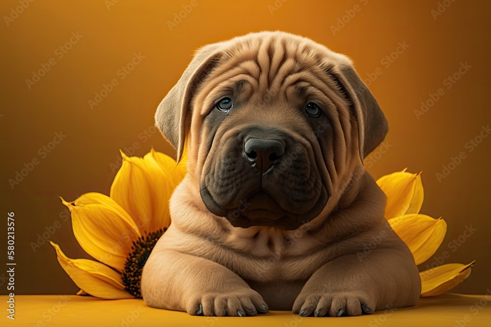 Cute Shar pei puppy sitting on its side. Cute droopy eyes that are turned toward the camera. On a ba