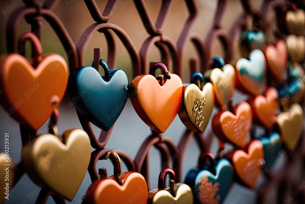 a close up of a fence decorated with heart shaped metal padlocks. Generative AI