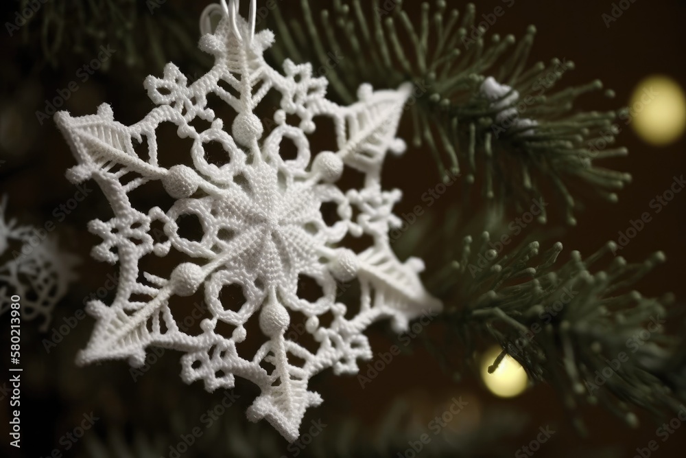 atop the Christmas tree, a knitted white snowflake. Generative AI