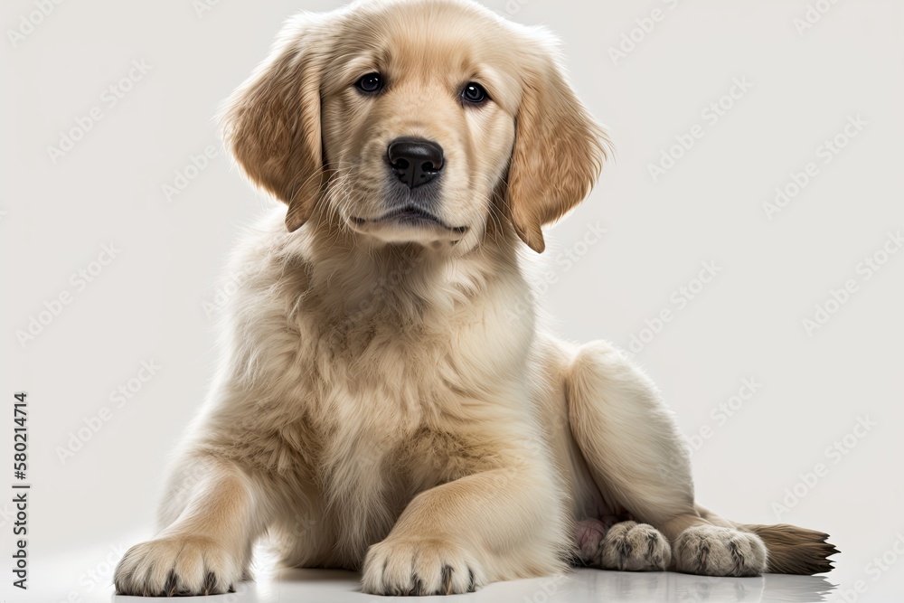 A picture of a cute Golden Retriever dog sitting on the floor, with a white background. Generative A