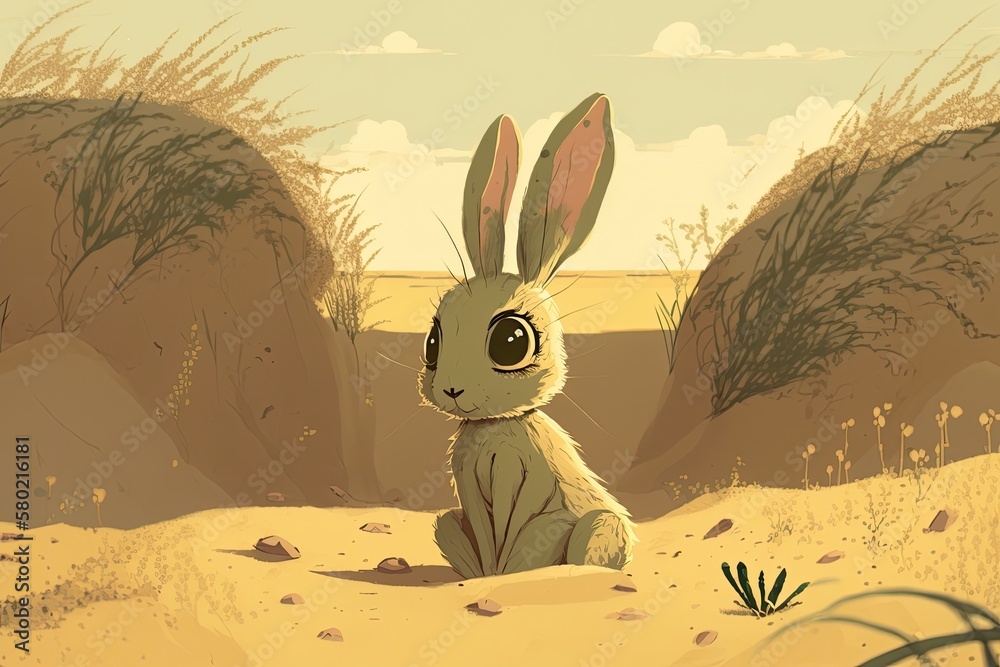 A cute beige rabbit with long dark ears and big eyes sitting on the yellow sand among the green thic